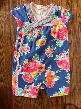 Matilda Jane Blue Floral Wrap Romper with Pink & Yellow Accents